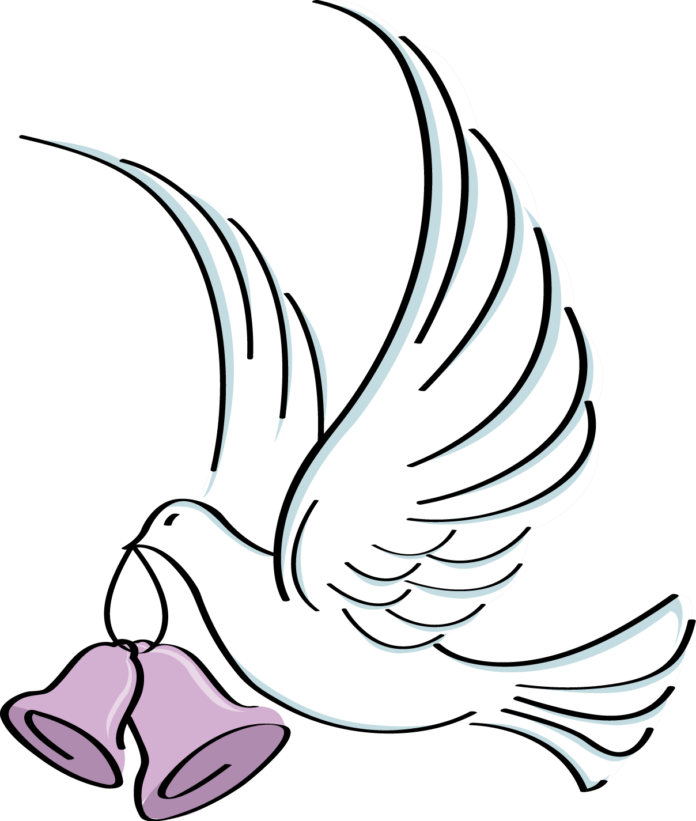 White Dove Carrying Two Bells in Beak Clipart PNG Image